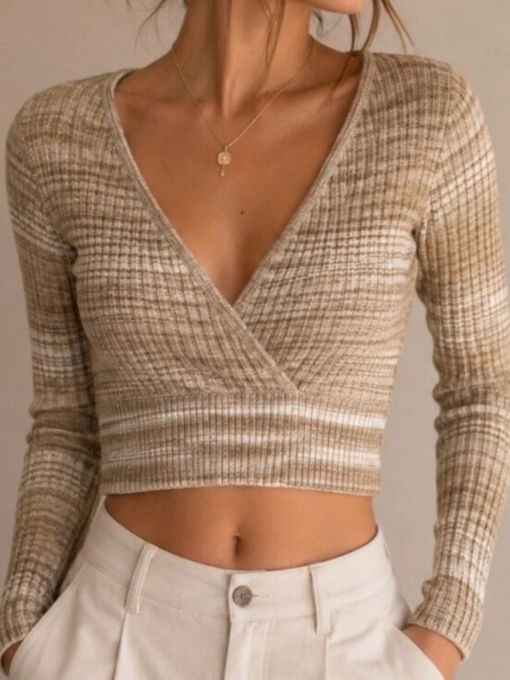 American Eagle Brown and White Striped V-Neck Wrap Sweater S